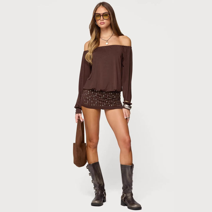 Dame Off-Shoulder Top med elegante lange ærmer og figursyet nederdel Skovae