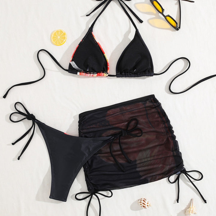 Dame Triangel-bikini med gennemsigtig skørtelement og blomsterdesign Skovae