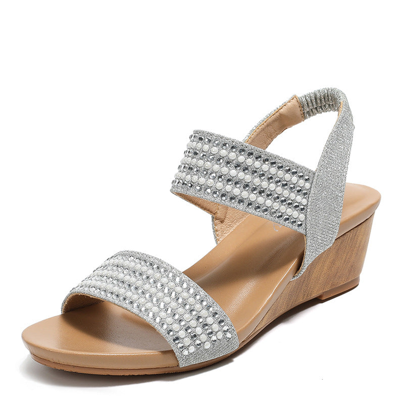 Dame Wedge-sandaler med glitrende strass dekorationer og elastiske remme Stilla
