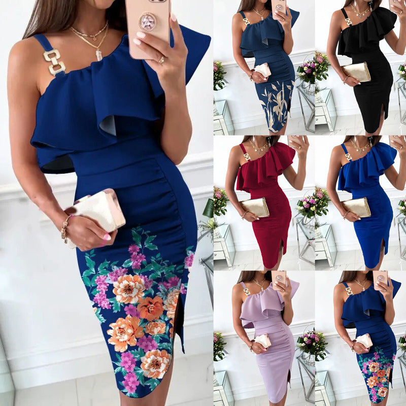 Femme Elegante Rynke En-Skulder Kjole Stilla