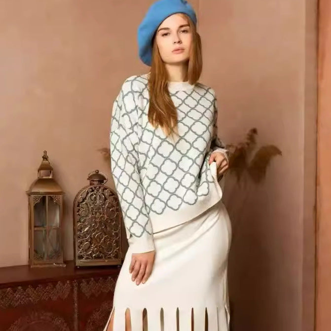 Dame afslappet sweater med stilfuld mønsterblanding og ribbed manchetter Stilla