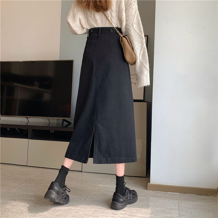 Dame denim midi nederdel med høj talje Stilla