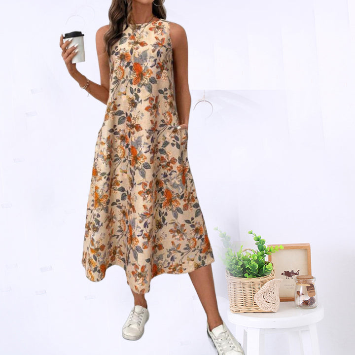 Dame Floral Print Midi Kjole med Sidelommer Stilla