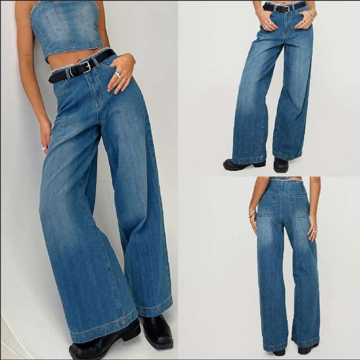 Dame Løst skårede Højtaljede Denim-Bukser med flosset søm og moderne detaljer Stilla