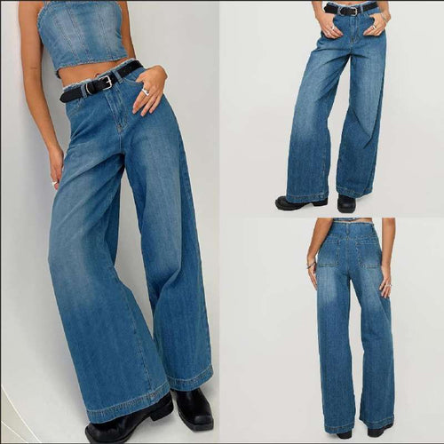 Dame Løst skårede Højtaljede Denim-Bukser med flosset søm og moderne detaljer Stilla