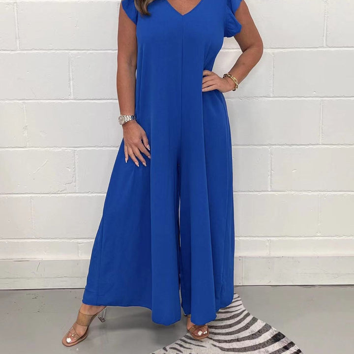 Dame Elegant bred Jumpsuit med V-hals og korte ærmer Stilla