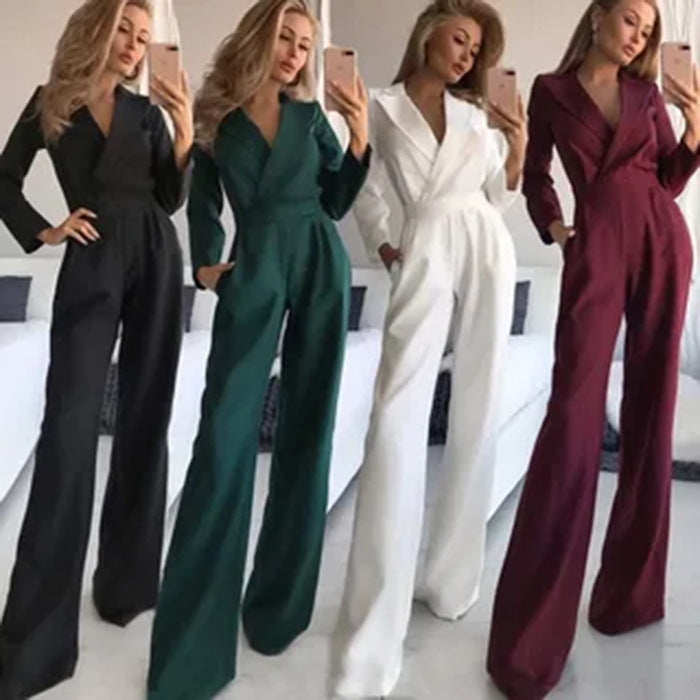 Dame jumpsuit i elegant businessstil med dyb V-hals og bredt ben Stilla
