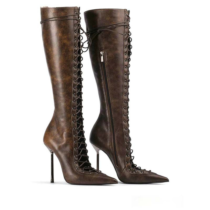 Femme Snørebåndspids Stiletto Lårhøje Støvler Stilla