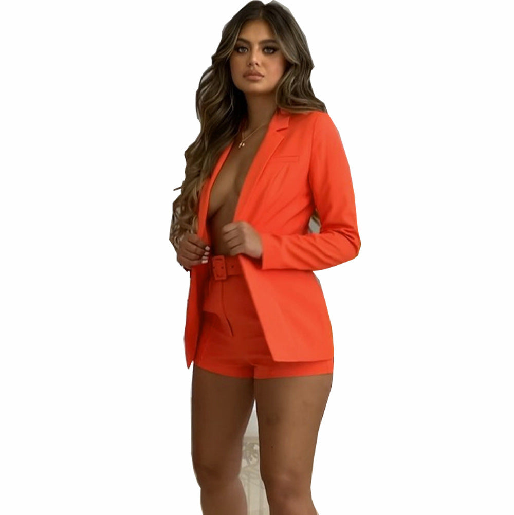 Dame afslappet blazer-shorts-sæt med taljebælte Stilla