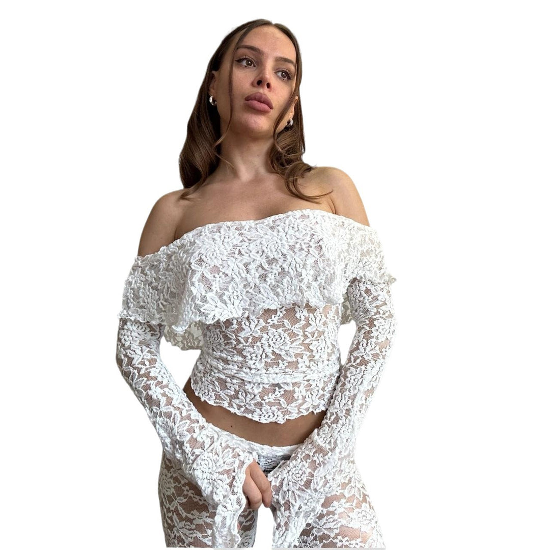 Dame lace crop top med brede ærmer og matchende bukser Skovae