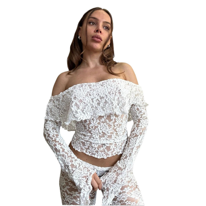 Dame lace crop top med brede ærmer og matchende bukser Skovae