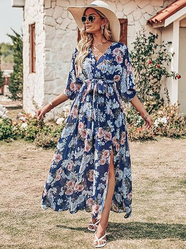 Dame Maxikjole med blomsterdesign og elegant taljebælte Stilla