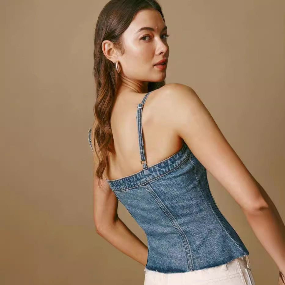 Femme Struktureret Denim Korset Top Stilla