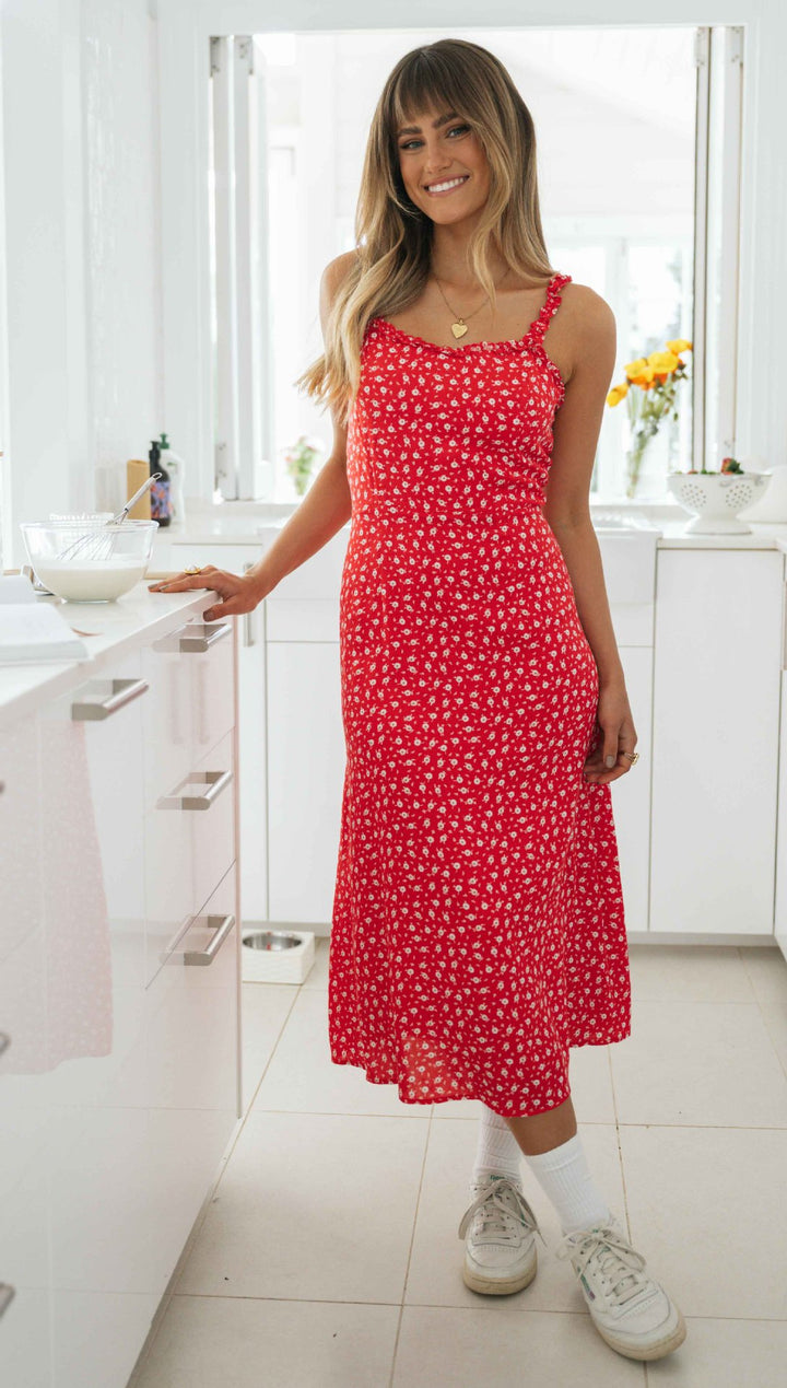 Femme Florales Midi-Kjole med justerbare spaghetti-stropper Stilla
