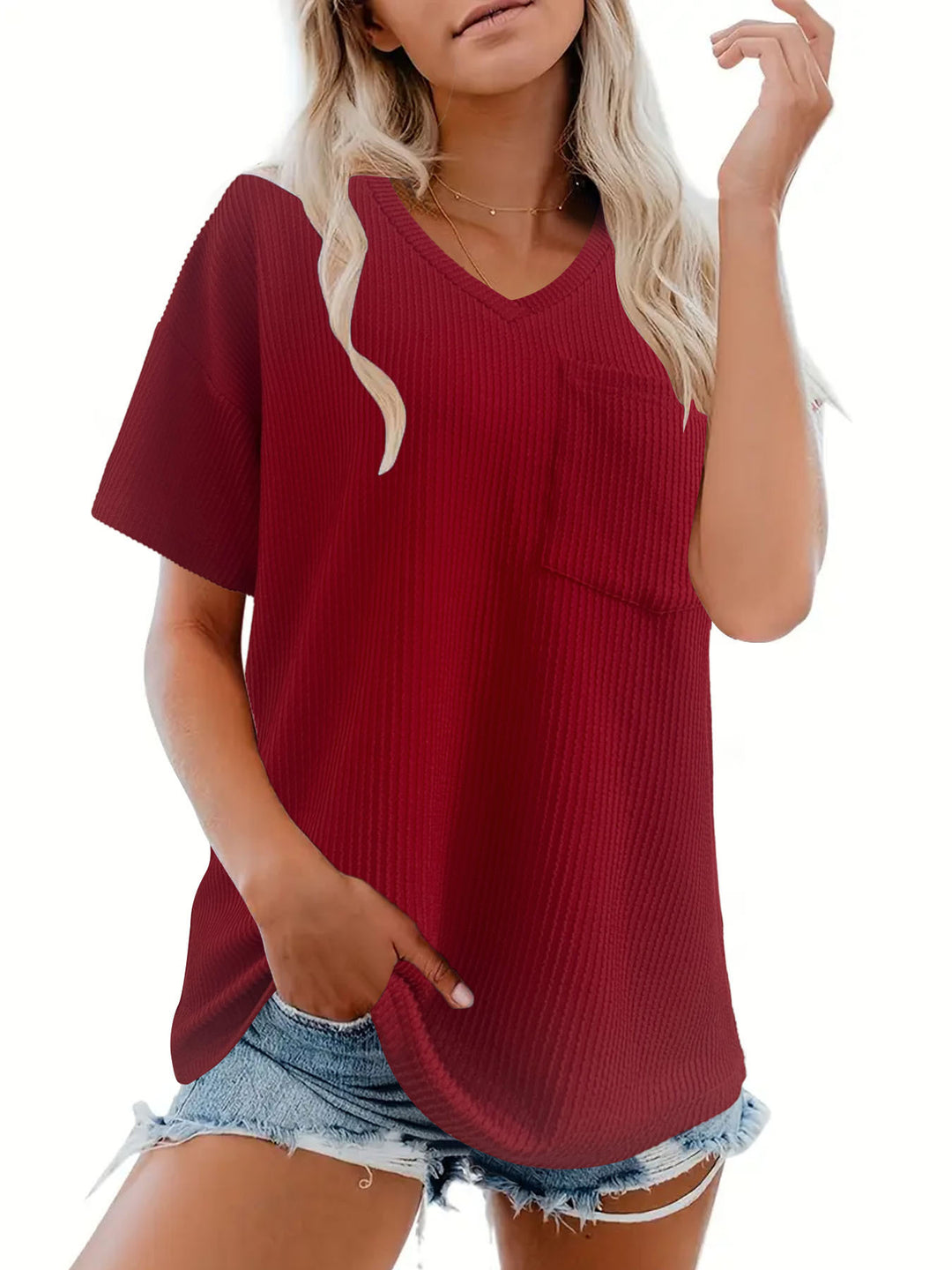 Dame V-hals T-shirt med lomme struktur Stilla