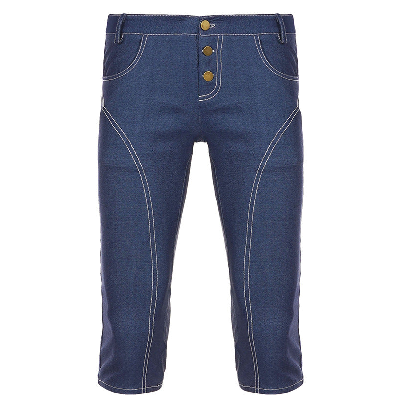 Damer komfortable caprijeans med dekorative knapper Skovae