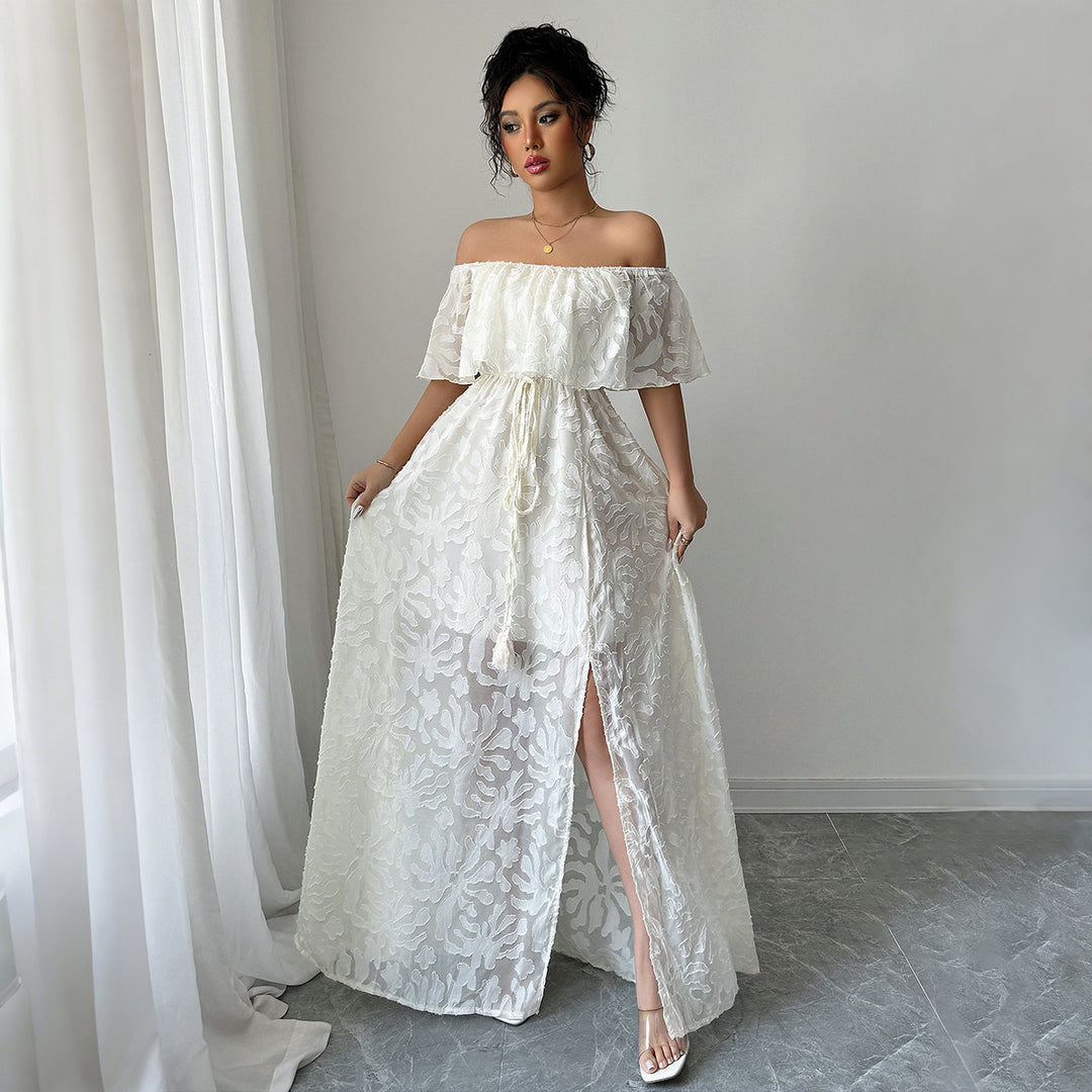 Dame Maxikjole med skulderfri design og floral jacquard Stilla