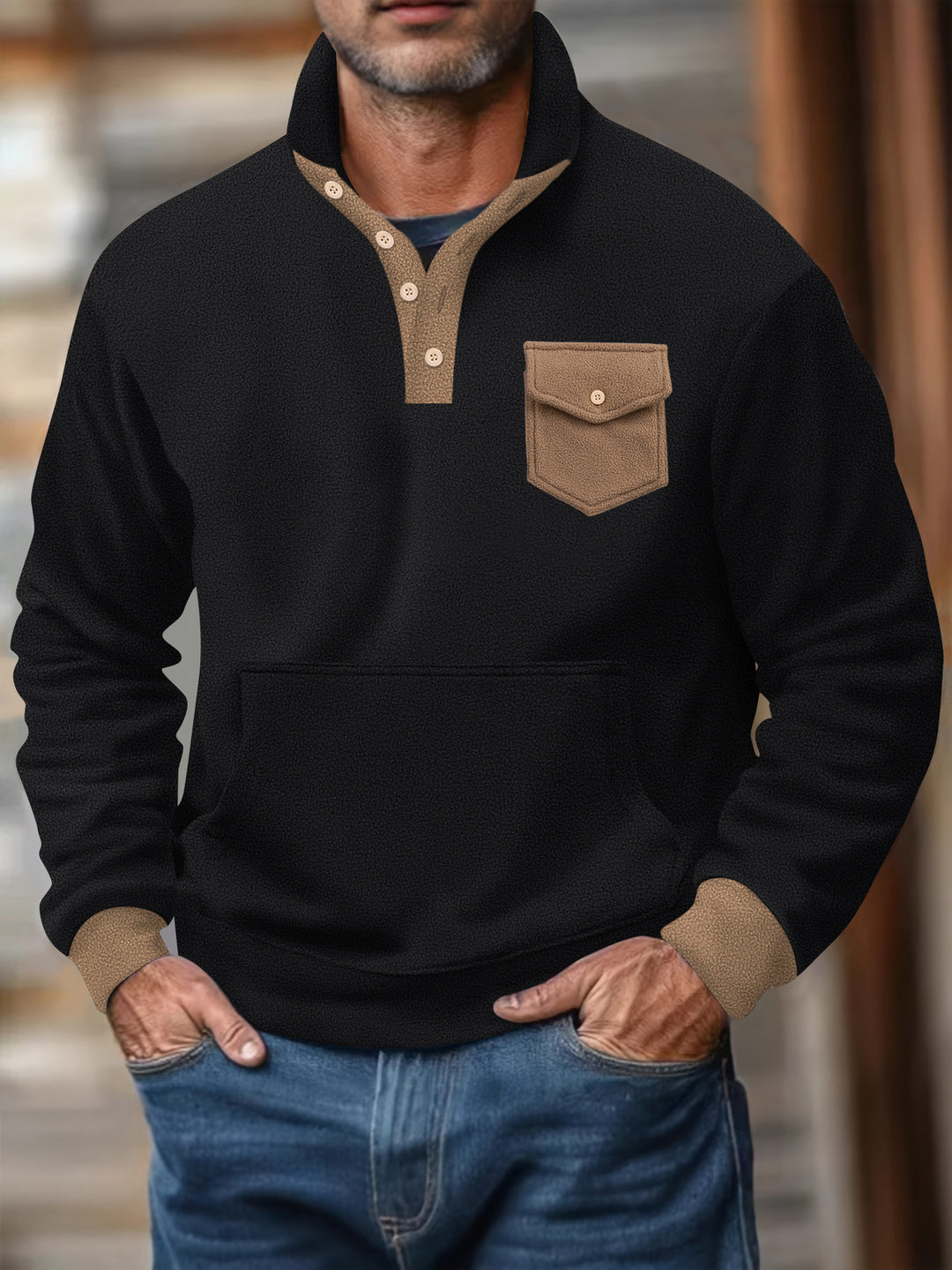 Herrer sweatshirt med moderne ståkrave og påsyet lomme Stilla
