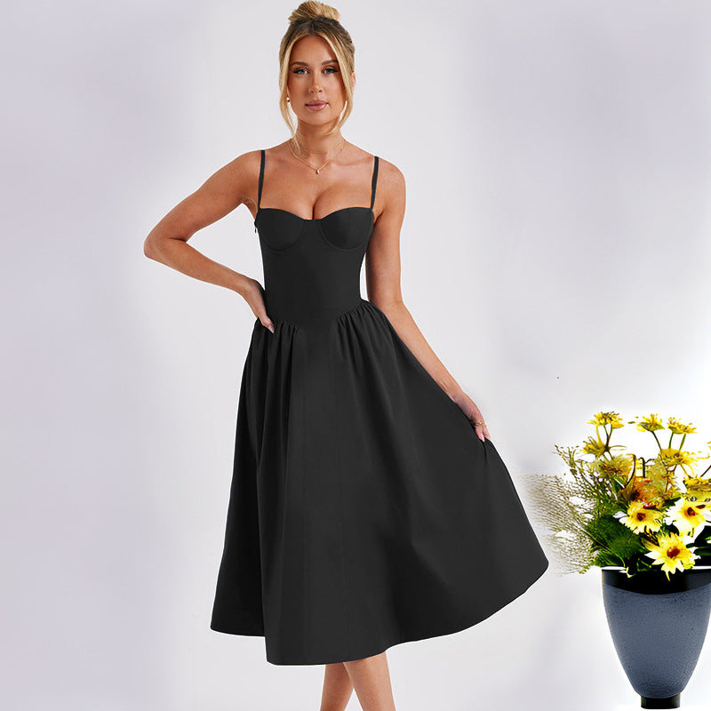 Dame Elegant Midi Kjole med Spaghetti Stropper og taljeret Snit Stilla