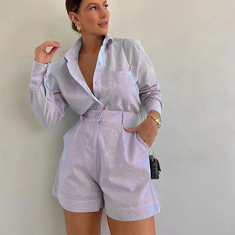 Dame Elegant Linnedragt med Skjorte og Shorts Stilla