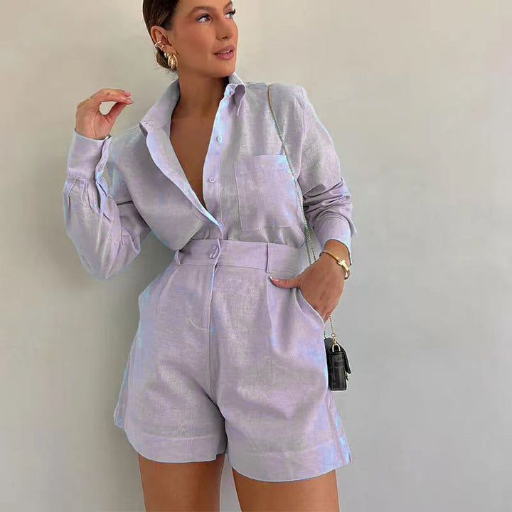 Dame Elegant Linnedragt med Skjorte og Shorts Stilla