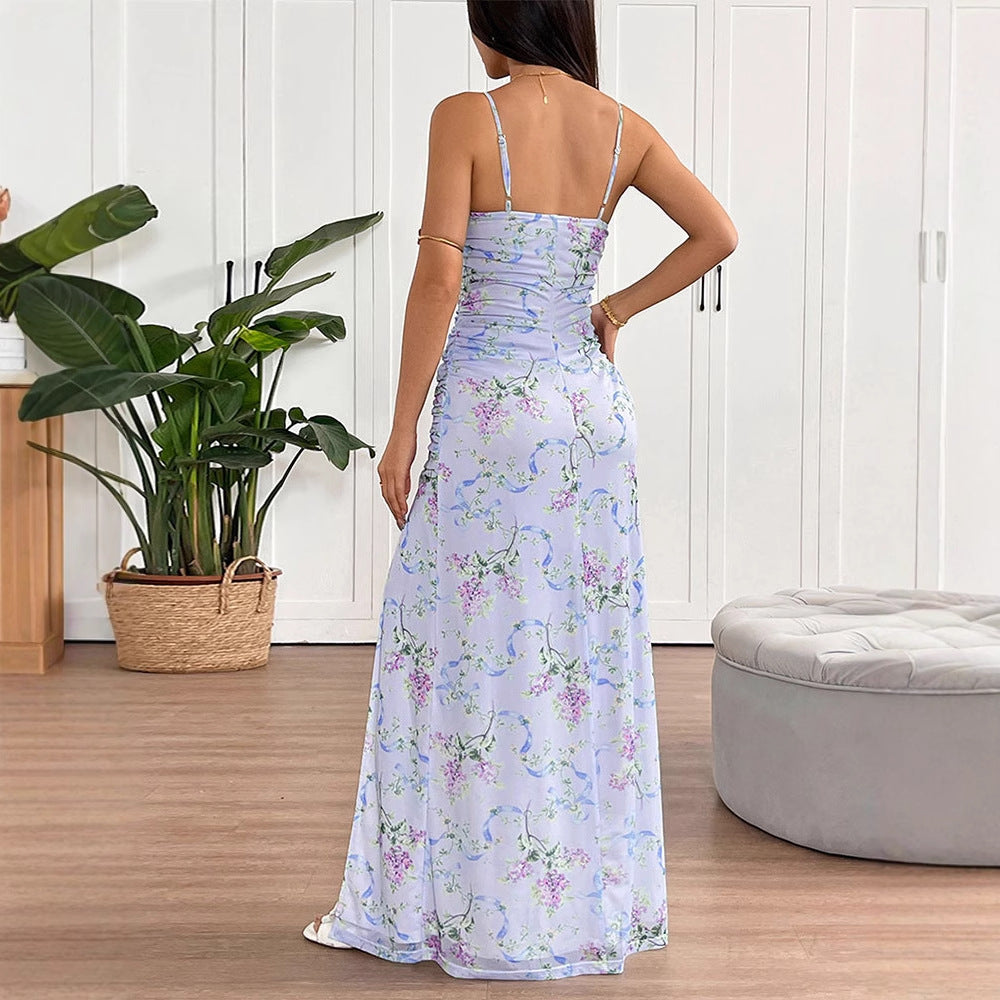 Dame maxikjole i romantisk blomsterdesign med justerbare stropper Skovae