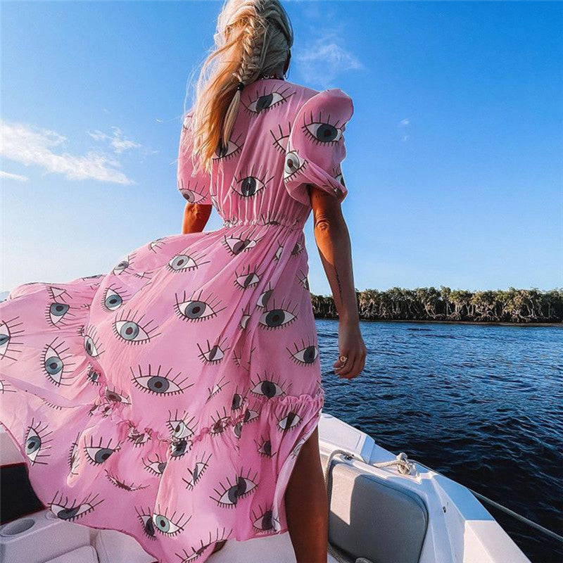 Dame Maxikjole med floral indpakningsdesign og puffærmer Stilla
