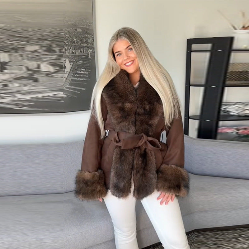 Kvinders luksuriøse faux fur frakke med taljebælte Stilla