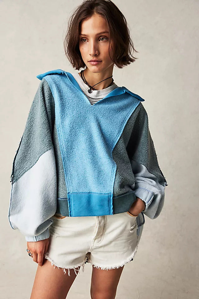 Dame Oversized Fleece Pullover med moderigtig V-halsudskæring og hætte Stilla