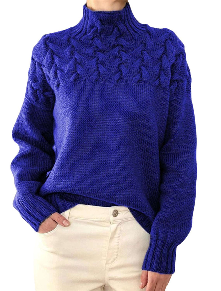 Dame grovstrikket pullover med ståkrave og fletmønster Stilla