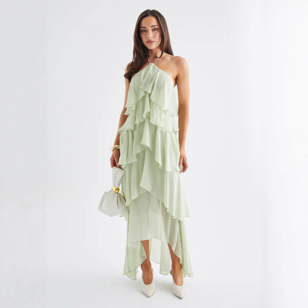 Damer Airy Maxi Kjole med Flydende Volanger og Chic Halterneck Stilla