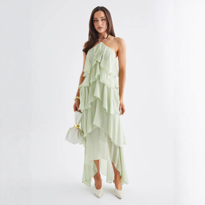 Damer Airy Maxi Kjole med Flydende Volanger og Chic Halterneck Stilla