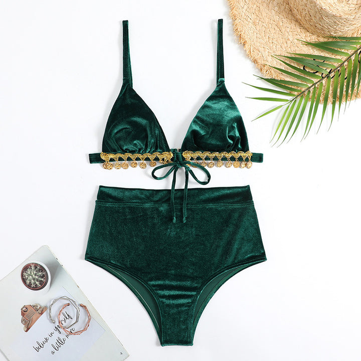 Dame trekanter bikini med luksuriøs velour og glamourøse dekorationer Skovae