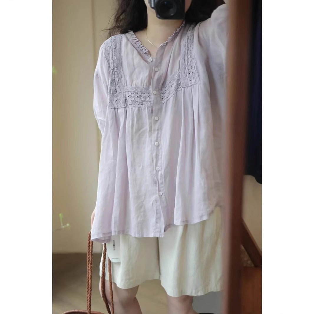 Femme Elegante Spids-Detail Knap-Down Bluse Stilla