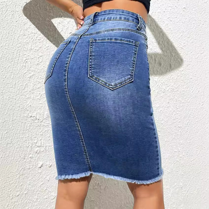 Dame Denim blyantskørt i afslappet stil med frynset kant Stilla
