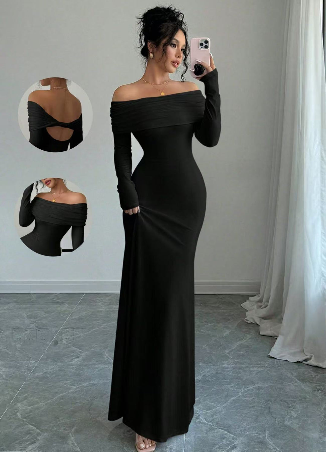 Damer Elegant Off-Shoulder Maxikjole med tætsiddende snit og lange ærmer Skovae