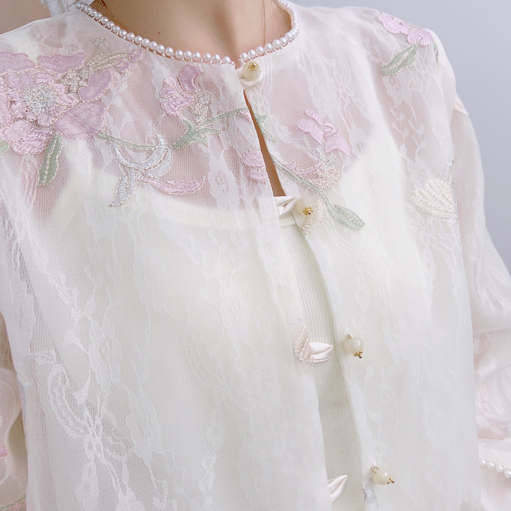 Dame Elegant Spids Jakke med florale Broderier og Perlesmykker Stilla