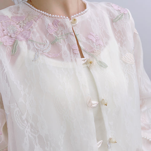 Dame Elegant Spids Jakke med florale Broderier og Perlesmykker Stilla