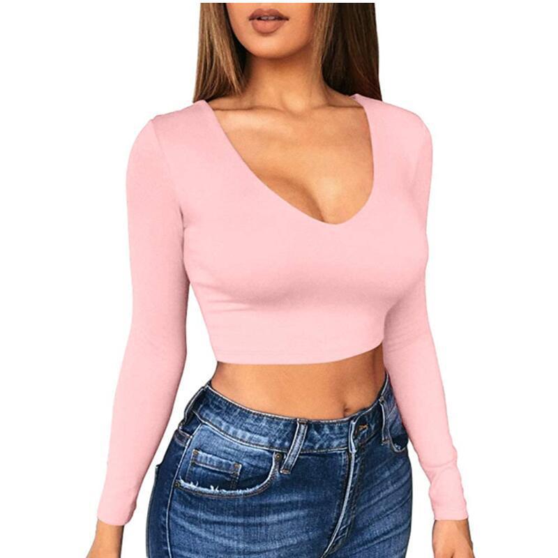 Dame Cropped Langærmet T-shirt med V-hals Stilla