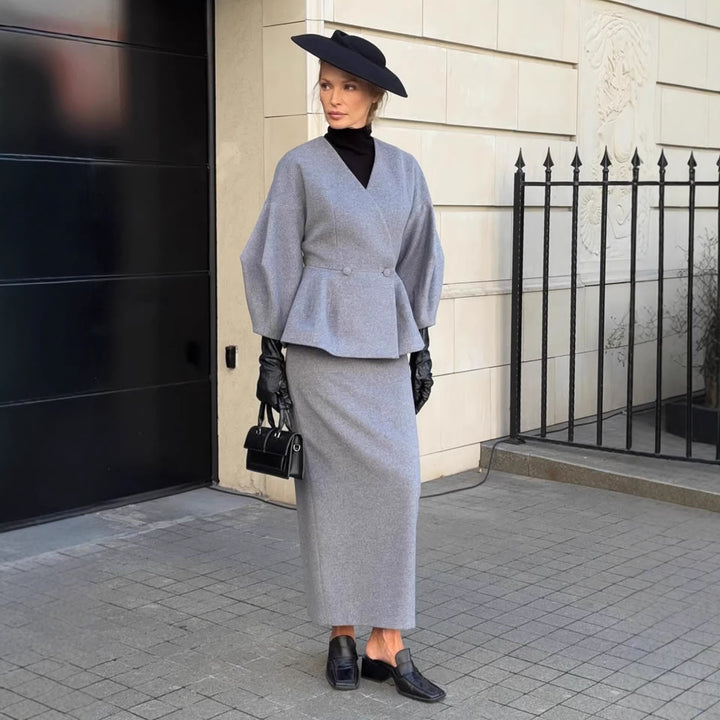 Dame elegante blyantskjoler med chic blazer top og puff ærmer Skovae