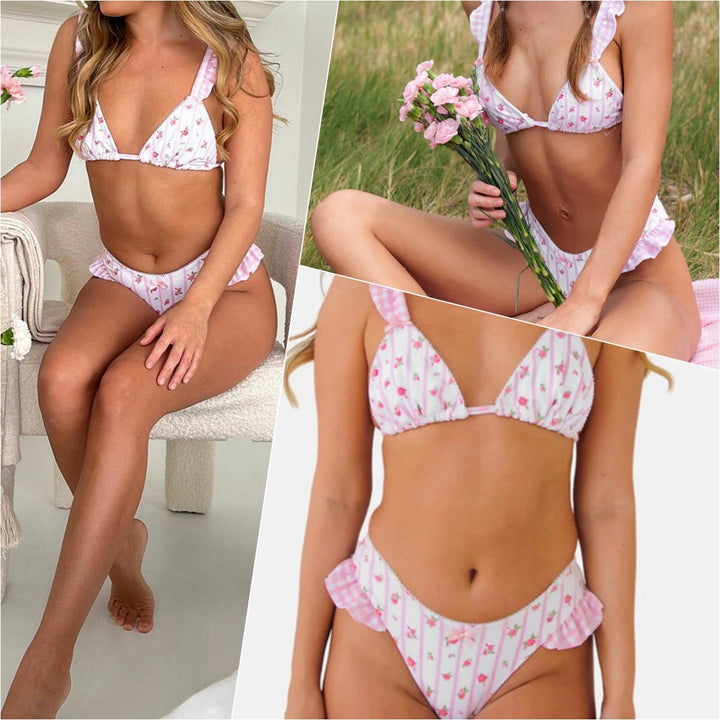 Dame triangel-bikini med legende volangdetaljer og florale mønster Stilla