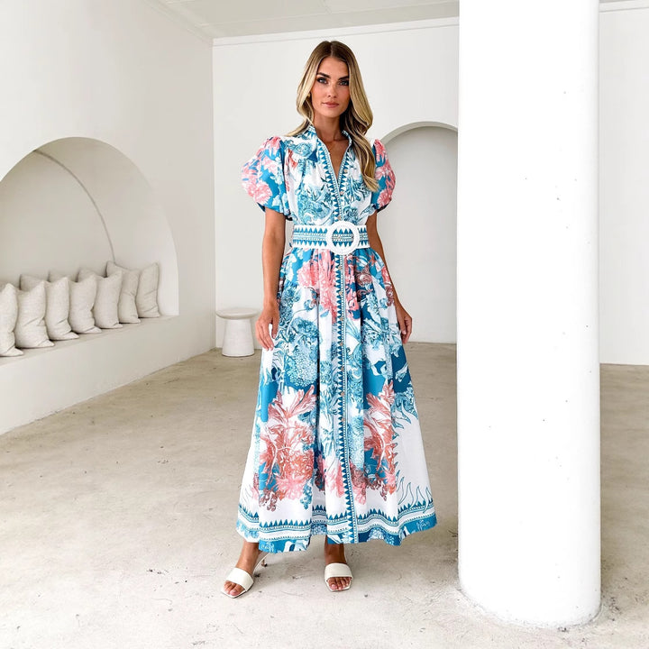 Dame Maxi-kjole i elegant blomsterdesign med voluminøse pufærmer og taljebælte Stilla