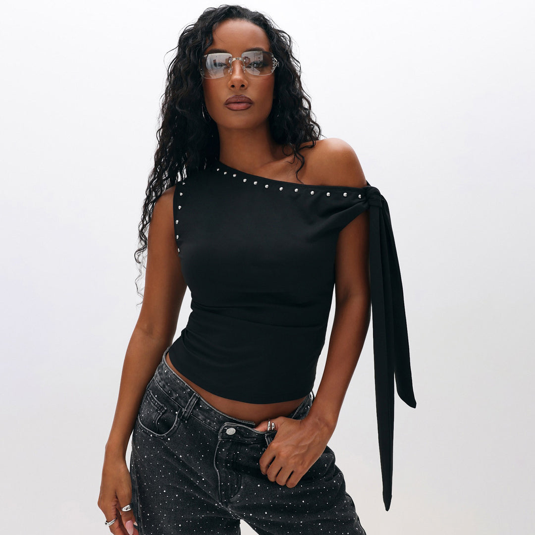 Dame Elegant One-Shoulder Top med dekorative sten Skovae