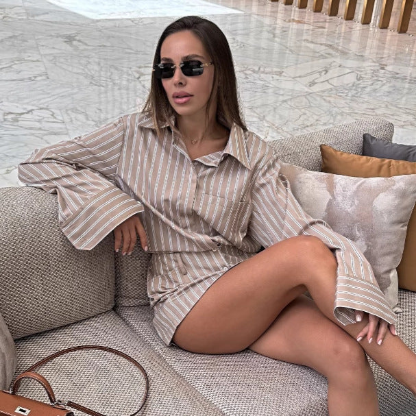 Dame Mode Blusekjole med lange ærmer og elegante striber Stilla