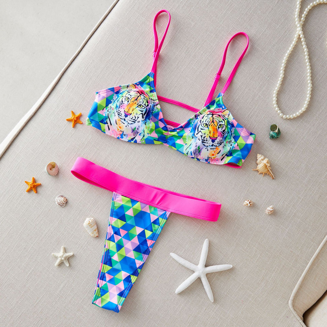 Dame bikini-sæt med geometrisk tiger-design og bred taljebånd Stilla