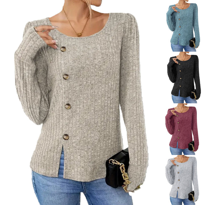 Dame finstrikket pullover med knaplukning og sidelommer Stilla