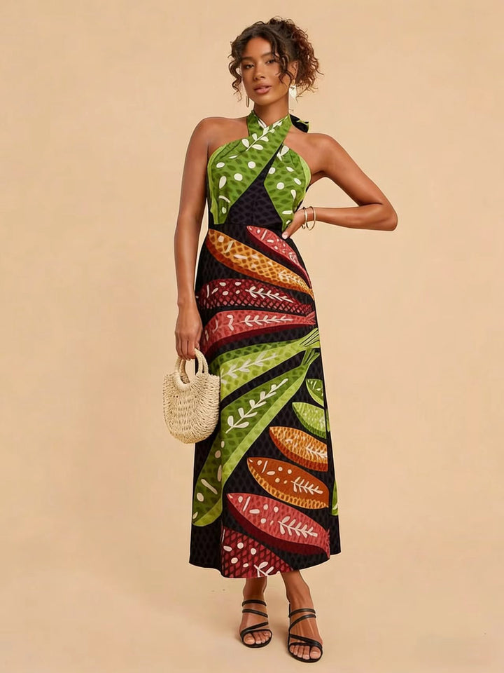 Dame Halterneck Maxi Kjole med Farverig Bladdesign og Flared Snit