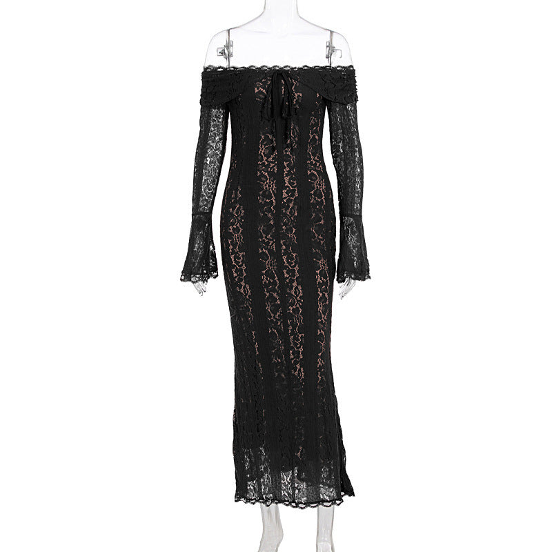 Damer Elegant Blondekjole i tætsiddende snit med Off-Shoulder Design Skovae