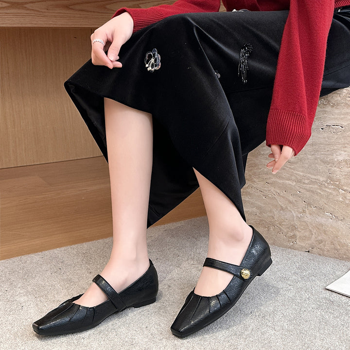 Dame Quadratåede Mary Jane Ballerinas med plisseret design Stilla