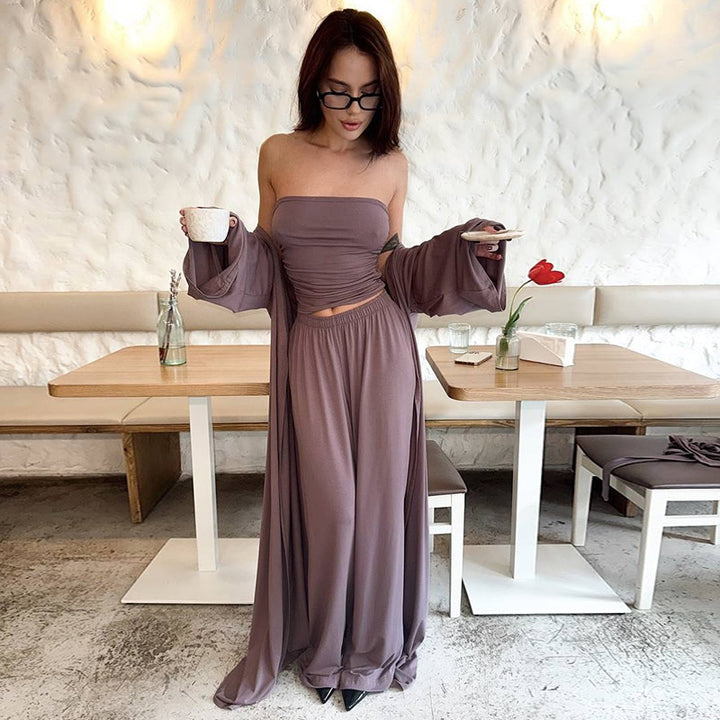 Dame elegant omslagsbluse med maxiskørt og flydende ærmer Stilla